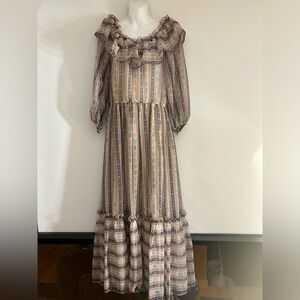 A.J.BARI RN50438 VINTAGE TAN MULTI BOHO SHEER STYLE MAXI DRESS WITH LINING MED